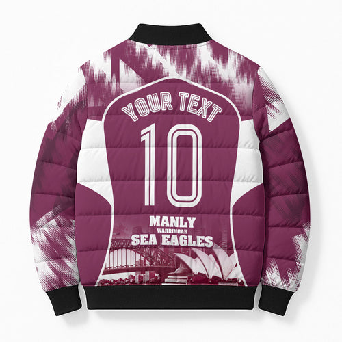Personalised Sea Eagles Rugby Bomber Puffer Jacket Eagle Mascot Sydney Skyline 3D Graphic