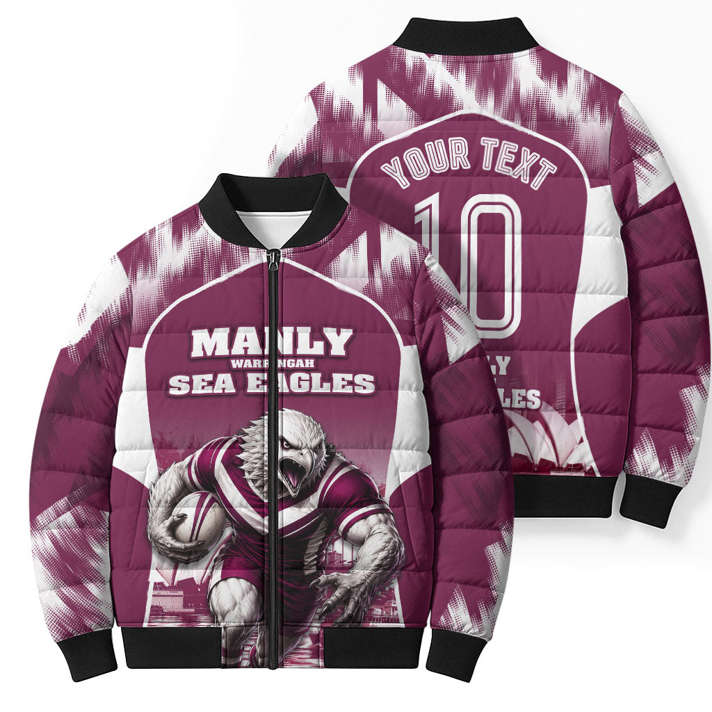 Personalised Sea Eagles Rugby Bomber Puffer Jacket Eagle Mascot Sydney Skyline 3D Graphic