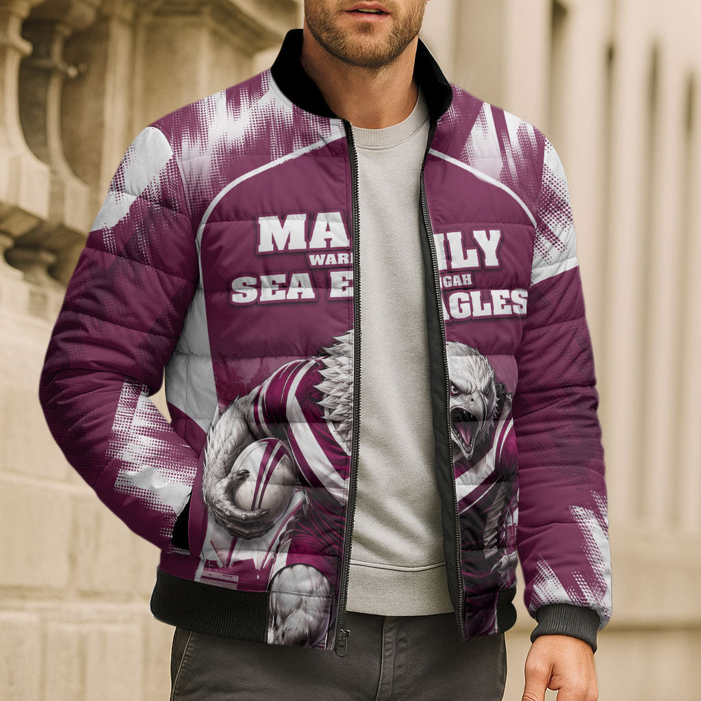 Personalised Sea Eagles Rugby Bomber Puffer Jacket Eagle Mascot Sydney Skyline 3D Graphic
