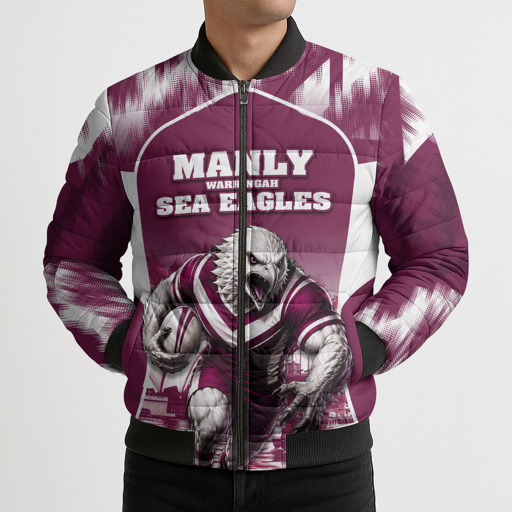 Personalised Sea Eagles Rugby Bomber Puffer Jacket Eagle Mascot Sydney Skyline 3D Graphic