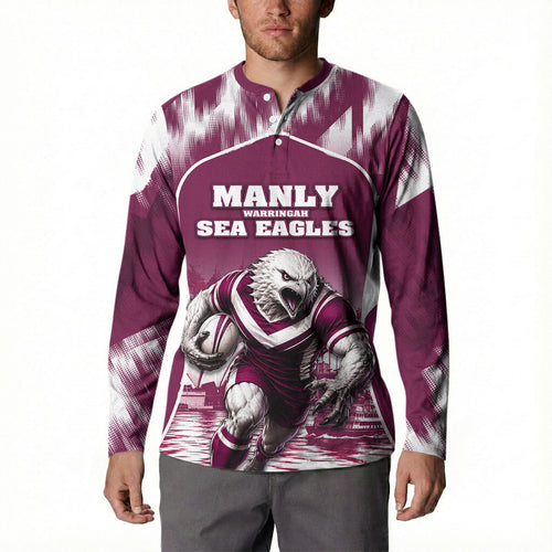 Personalised Sea Eagles Rugby Button Sweatshirt Eagle Mascot Sydney Skyline 3D Graphic