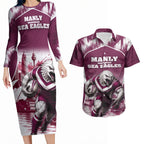 Personalised Sea Eagles Rugby Couples Matching Long Sleeve Bodycon Dress and Hawaiian Shirt Eagle Mascot Sydney Skyline 3D Graphic