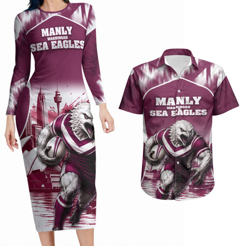 Personalised Sea Eagles Rugby Couples Matching Long Sleeve Bodycon Dress and Hawaiian Shirt Eagle Mascot Sydney Skyline 3D Graphic