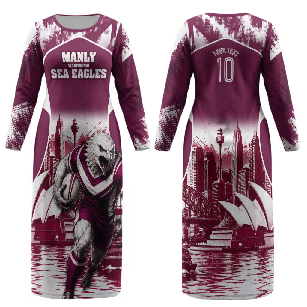 Personalised Sea Eagles Rugby Couples Matching Long Sleeve Bodycon Dress and Hawaiian Shirt Eagle Mascot Sydney Skyline 3D Graphic