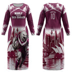 Personalised Sea Eagles Rugby Couples Matching Long Sleeve Bodycon Dress and Hawaiian Shirt Eagle Mascot Sydney Skyline 3D Graphic