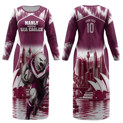 Personalised Sea Eagles Rugby Couples Matching Long Sleeve Bodycon Dress and Hawaiian Shirt Eagle Mascot Sydney Skyline 3D Graphic