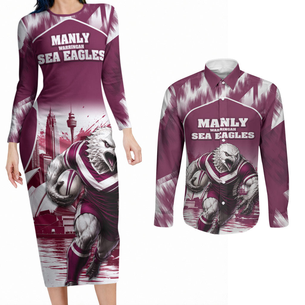 Personalised Sea Eagles Rugby Couples Matching Long Sleeve Bodycon Dress and Long Sleeve Button Shirt Eagle Mascot Sydney Skyline 3D Graphic