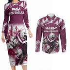 Personalised Sea Eagles Rugby Couples Matching Long Sleeve Bodycon Dress and Long Sleeve Button Shirt Eagle Mascot Sydney Skyline 3D Graphic