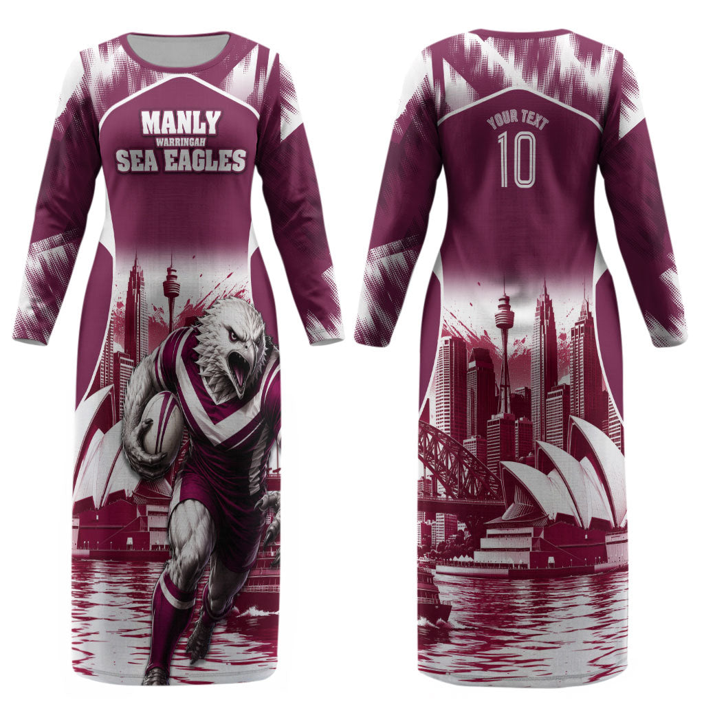 Personalised Sea Eagles Rugby Couples Matching Long Sleeve Bodycon Dress and Long Sleeve Button Shirt Eagle Mascot Sydney Skyline 3D Graphic