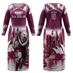 Personalised Sea Eagles Rugby Couples Matching Long Sleeve Bodycon Dress and Long Sleeve Button Shirt Eagle Mascot Sydney Skyline 3D Graphic