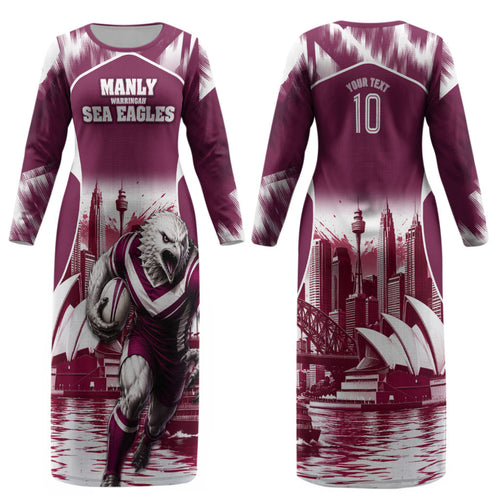 Personalised Sea Eagles Rugby Couples Matching Long Sleeve Bodycon Dress and Long Sleeve Button Shirt Eagle Mascot Sydney Skyline 3D Graphic