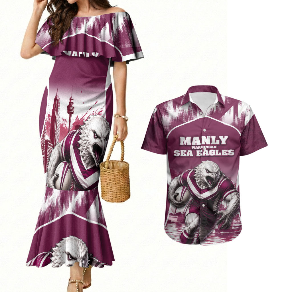 Personalised Sea Eagles Rugby Couples Matching Mermaid Dress and Hawaiian Shirt Eagle Mascot Sydney Skyline 3D Graphic