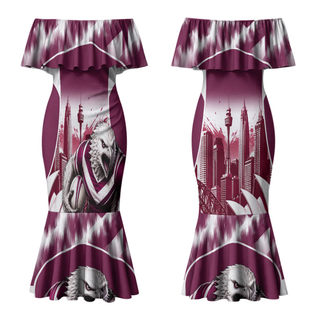 Personalised Sea Eagles Rugby Couples Matching Mermaid Dress and Hawaiian Shirt Eagle Mascot Sydney Skyline 3D Graphic