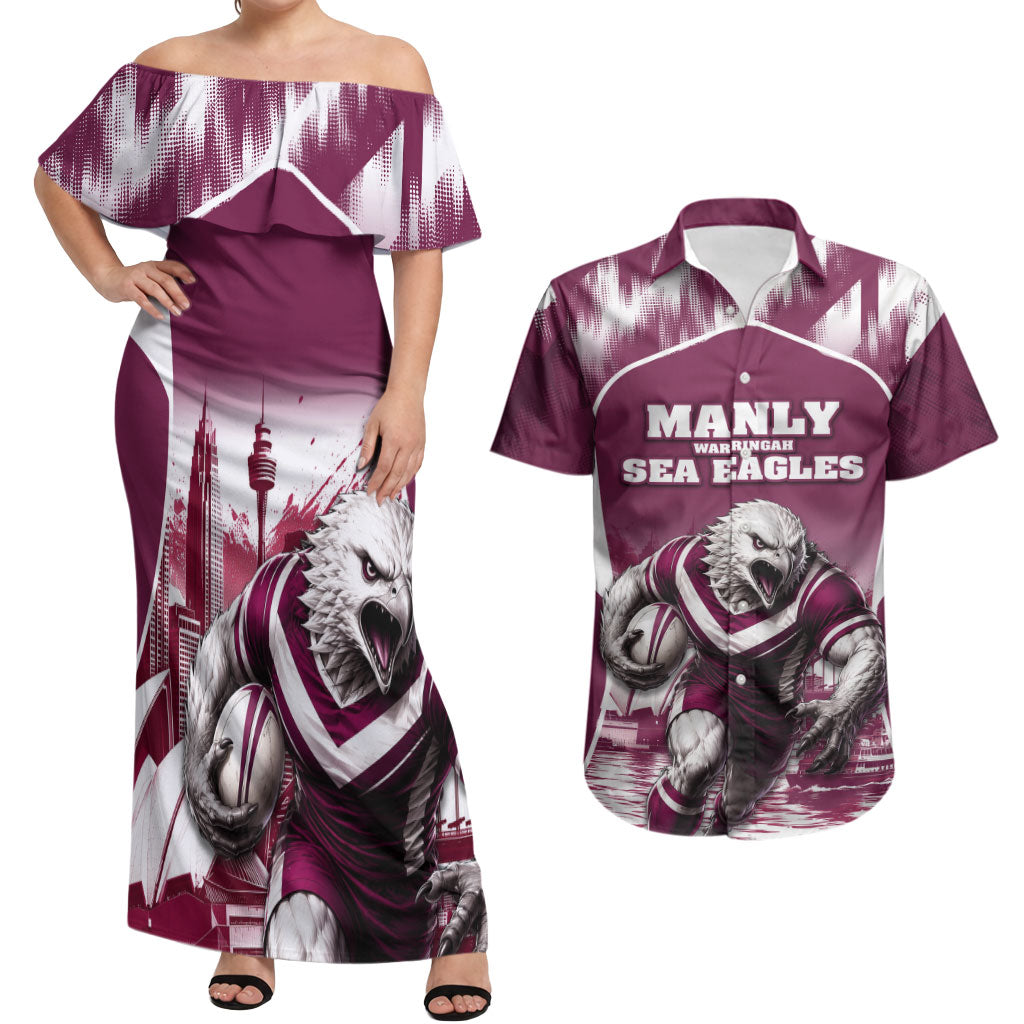 Personalised Sea Eagles Rugby Couples Matching Off Shoulder Maxi Dress and Hawaiian Shirt Eagle Mascot Sydney Skyline 3D Graphic