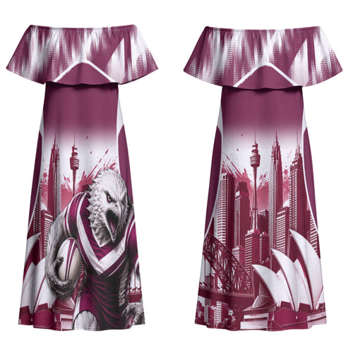 Personalised Sea Eagles Rugby Couples Matching Off Shoulder Maxi Dress and Hawaiian Shirt Eagle Mascot Sydney Skyline 3D Graphic