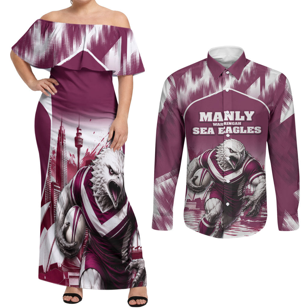 Personalised Sea Eagles Rugby Couples Matching Off Shoulder Maxi Dress and Long Sleeve Button Shirt Eagle Mascot Sydney Skyline 3D Graphic