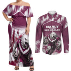 Personalised Sea Eagles Rugby Couples Matching Off Shoulder Maxi Dress and Long Sleeve Button Shirt Eagle Mascot Sydney Skyline 3D Graphic