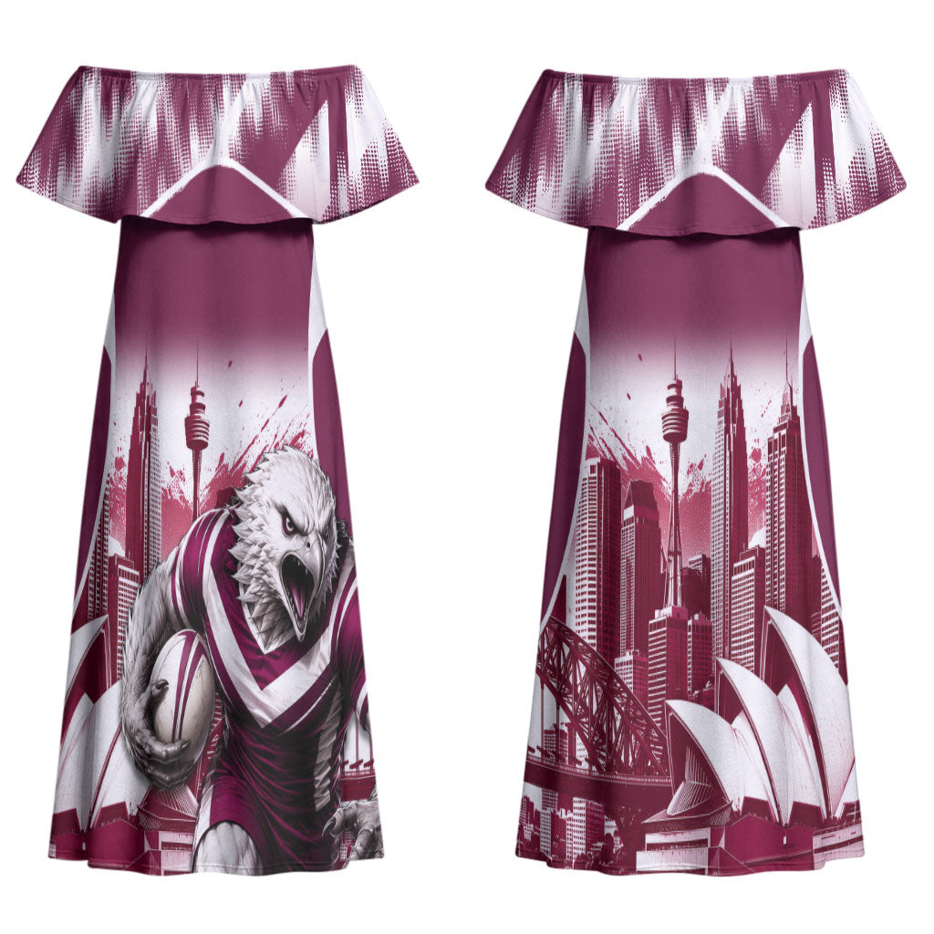 Personalised Sea Eagles Rugby Couples Matching Off Shoulder Maxi Dress and Long Sleeve Button Shirt Eagle Mascot Sydney Skyline 3D Graphic