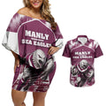 Personalised Sea Eagles Rugby Couples Matching Off Shoulder Short Dress and Hawaiian Shirt Eagle Mascot Sydney Skyline 3D Graphic