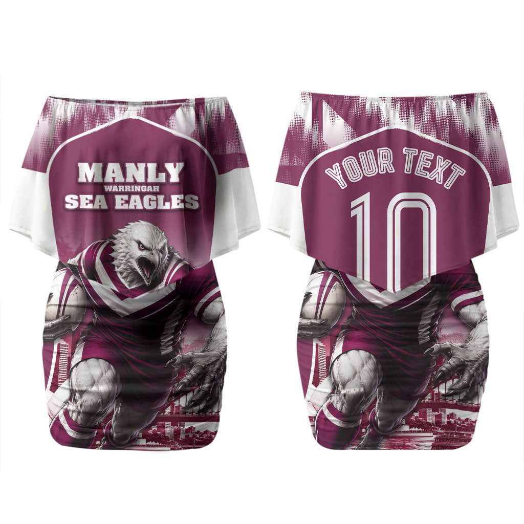 Personalised Sea Eagles Rugby Couples Matching Off Shoulder Short Dress and Hawaiian Shirt Eagle Mascot Sydney Skyline 3D Graphic