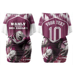 Personalised Sea Eagles Rugby Couples Matching Off Shoulder Short Dress and Hawaiian Shirt Eagle Mascot Sydney Skyline 3D Graphic