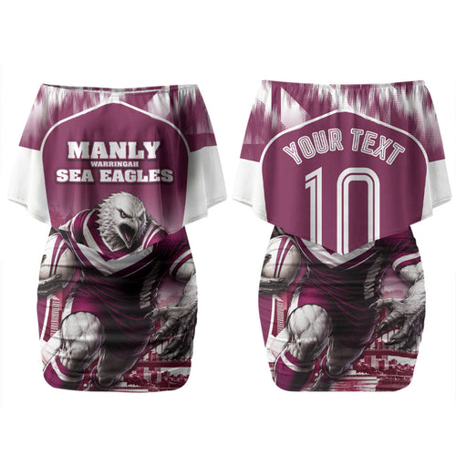 Personalised Sea Eagles Rugby Couples Matching Off Shoulder Short Dress and Hawaiian Shirt Eagle Mascot Sydney Skyline 3D Graphic