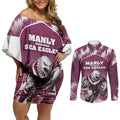 Personalised Sea Eagles Rugby Couples Matching Off Shoulder Short Dress and Long Sleeve Button Shirt Eagle Mascot Sydney Skyline 3D Graphic