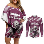 Personalised Sea Eagles Rugby Couples Matching Off Shoulder Short Dress and Long Sleeve Button Shirt Eagle Mascot Sydney Skyline 3D Graphic