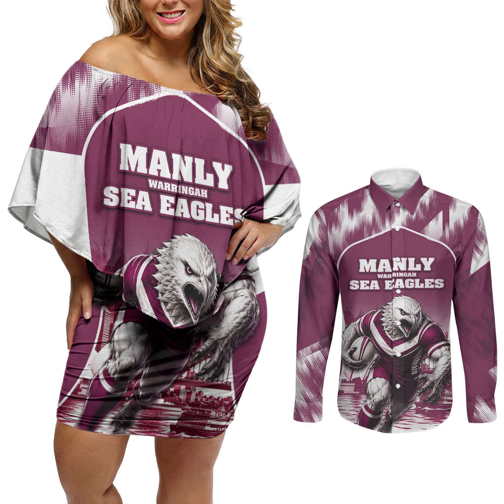 Personalised Sea Eagles Rugby Couples Matching Off Shoulder Short Dress and Long Sleeve Button Shirt Eagle Mascot Sydney Skyline 3D Graphic
