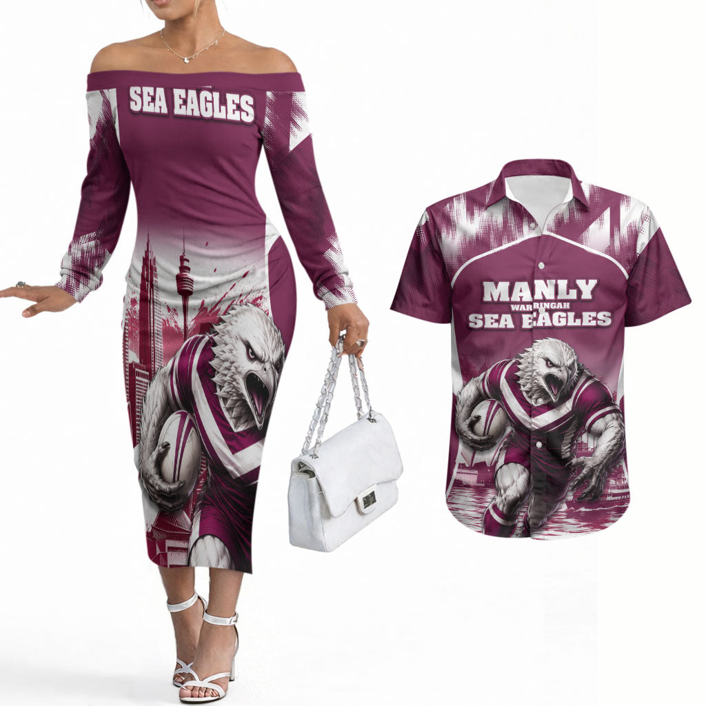 Personalised Sea Eagles Rugby Couples Matching Off The Shoulder Long Sleeve Dress and Hawaiian Shirt Eagle Mascot Sydney Skyline 3D Graphic