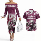 Personalised Sea Eagles Rugby Couples Matching Off The Shoulder Long Sleeve Dress and Hawaiian Shirt Eagle Mascot Sydney Skyline 3D Graphic