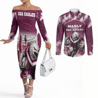 Personalised Sea Eagles Rugby Couples Matching Off The Shoulder Long Sleeve Dress and Long Sleeve Button Shirt Eagle Mascot Sydney Skyline 3D Graphic