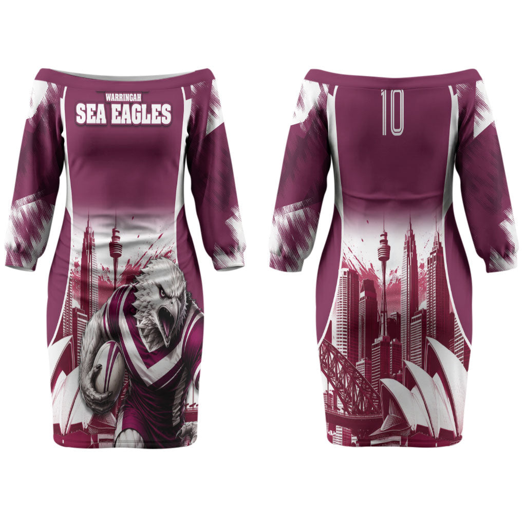 Personalised Sea Eagles Rugby Couples Matching Off The Shoulder Long Sleeve Dress and Long Sleeve Button Shirt Eagle Mascot Sydney Skyline 3D Graphic