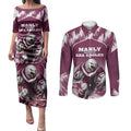 Personalised Sea Eagles Rugby Couples Matching Puletasi and Long Sleeve Button Shirt Eagle Mascot Sydney Skyline 3D Graphic