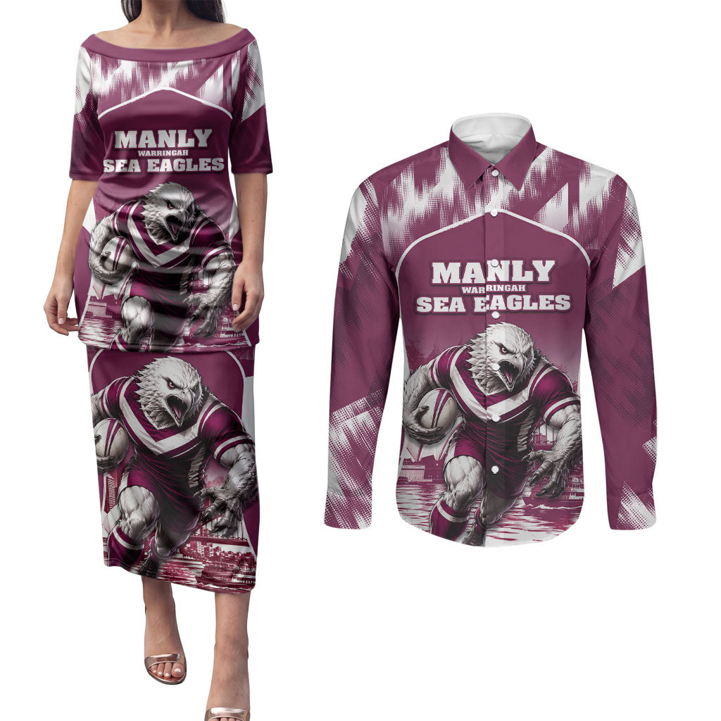 Personalised Sea Eagles Rugby Couples Matching Puletasi and Long Sleeve Button Shirt Eagle Mascot Sydney Skyline 3D Graphic