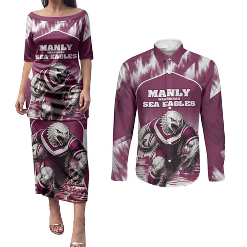 Personalised Sea Eagles Rugby Couples Matching Puletasi and Long Sleeve Button Shirt Eagle Mascot Sydney Skyline 3D Graphic
