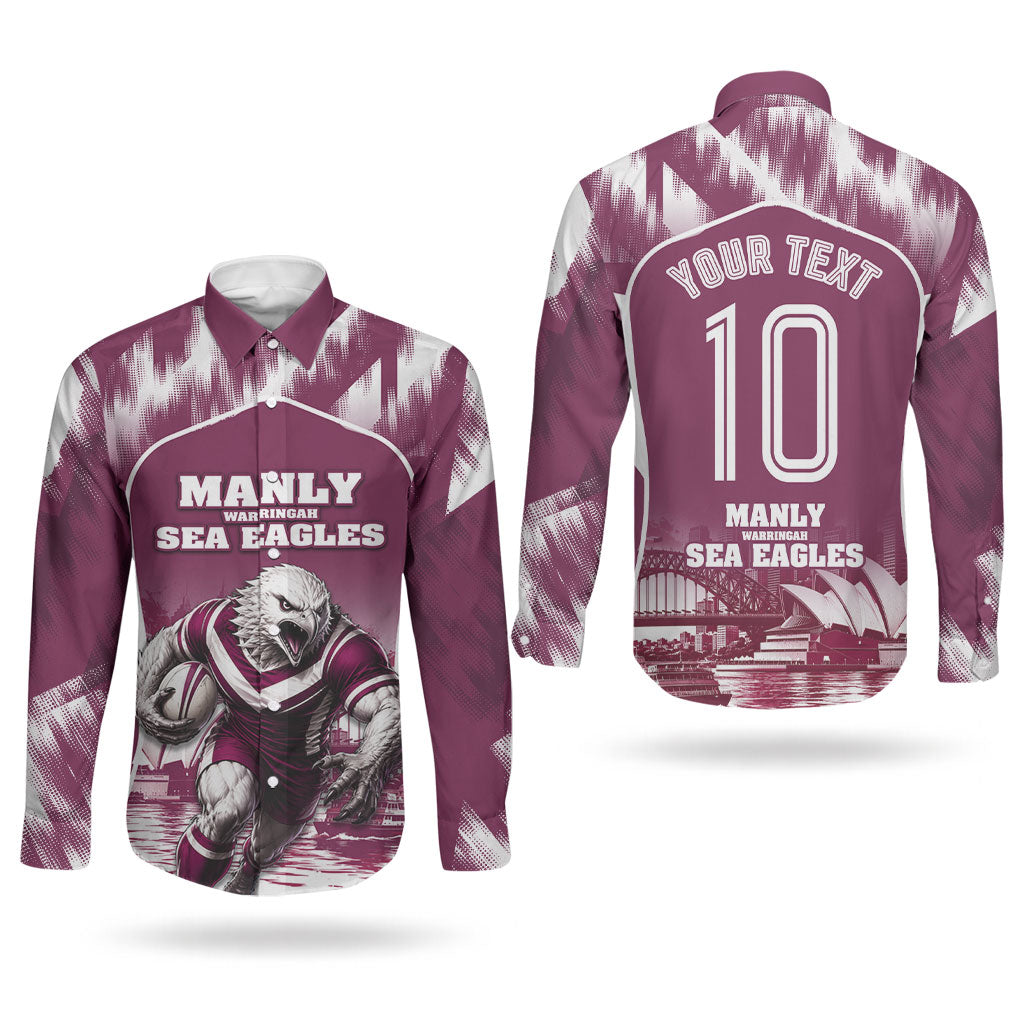 Personalised Sea Eagles Rugby Couples Matching Puletasi and Long Sleeve Button Shirt Eagle Mascot Sydney Skyline 3D Graphic
