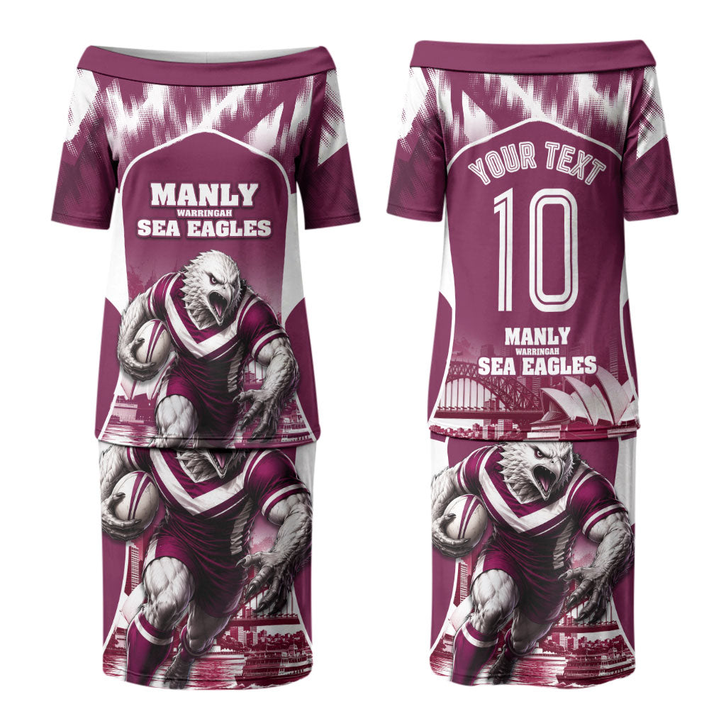 Personalised Sea Eagles Rugby Couples Matching Puletasi and Long Sleeve Button Shirt Eagle Mascot Sydney Skyline 3D Graphic