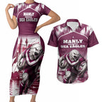 Personalised Sea Eagles Rugby Couples Matching Short Sleeve Bodycon Dress and Hawaiian Shirt Eagle Mascot Sydney Skyline 3D Graphic