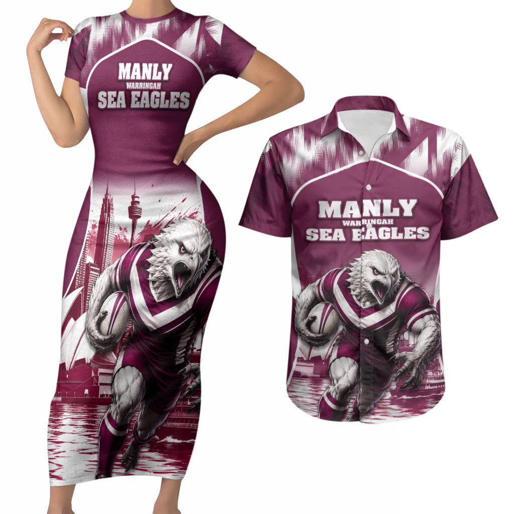 Personalised Sea Eagles Rugby Couples Matching Short Sleeve Bodycon Dress and Hawaiian Shirt Eagle Mascot Sydney Skyline 3D Graphic