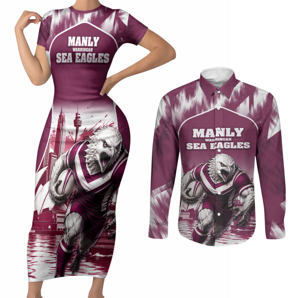 Personalised Sea Eagles Rugby Couples Matching Short Sleeve Bodycon Dress and Long Sleeve Button Shirt Eagle Mascot Sydney Skyline 3D Graphic