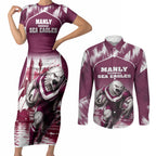 Personalised Sea Eagles Rugby Couples Matching Short Sleeve Bodycon Dress and Long Sleeve Button Shirt Eagle Mascot Sydney Skyline 3D Graphic