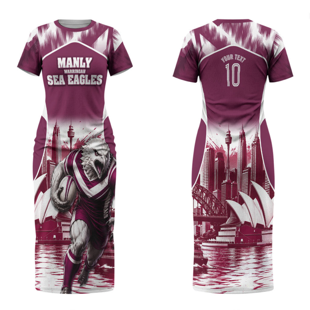 Personalised Sea Eagles Rugby Couples Matching Short Sleeve Bodycon Dress and Long Sleeve Button Shirt Eagle Mascot Sydney Skyline 3D Graphic