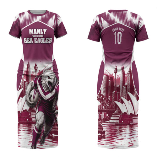 Personalised Sea Eagles Rugby Couples Matching Short Sleeve Bodycon Dress and Long Sleeve Button Shirt Eagle Mascot Sydney Skyline 3D Graphic