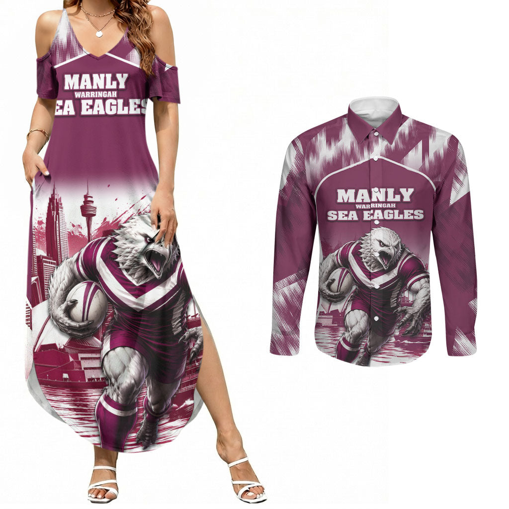 Personalised Sea Eagles Rugby Couples Matching Summer Maxi Dress and Long Sleeve Button Shirt Eagle Mascot Sydney Skyline 3D Graphic