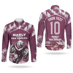 Personalised Sea Eagles Rugby Couples Matching Summer Maxi Dress and Long Sleeve Button Shirt Eagle Mascot Sydney Skyline 3D Graphic
