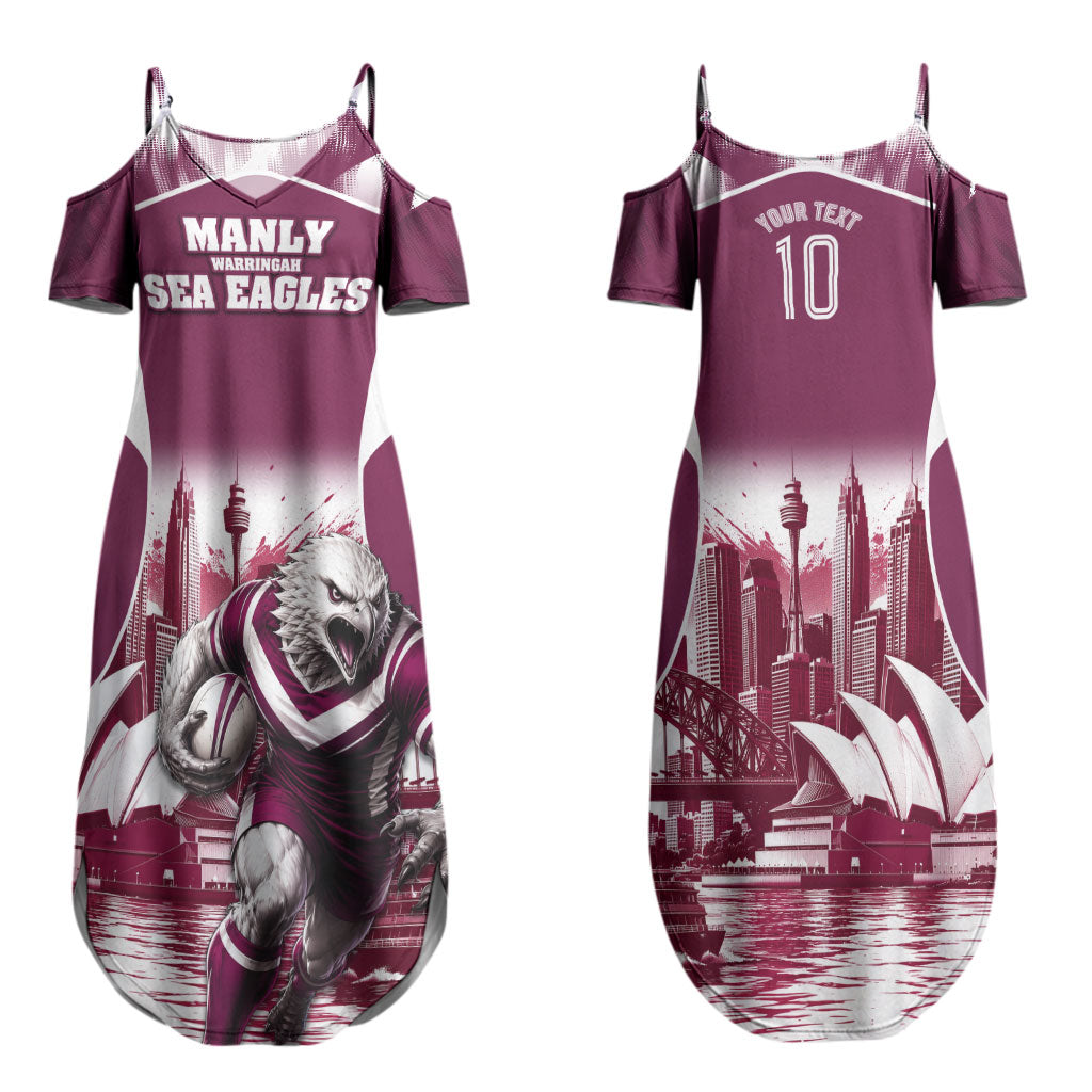 Personalised Sea Eagles Rugby Couples Matching Summer Maxi Dress and Long Sleeve Button Shirt Eagle Mascot Sydney Skyline 3D Graphic