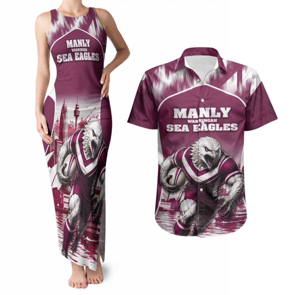 Personalised Sea Eagles Rugby Couples Matching Tank Maxi Dress and Hawaiian Shirt Eagle Mascot Sydney Skyline 3D Graphic