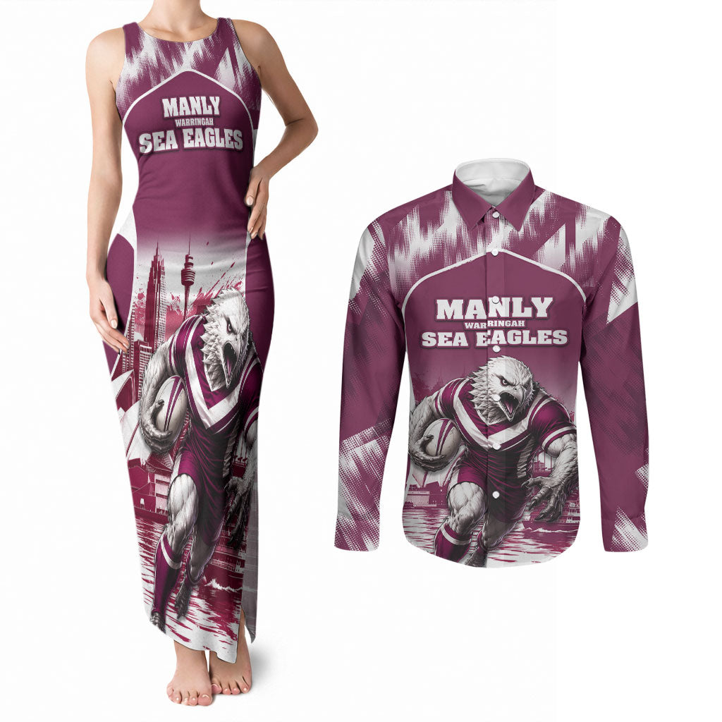 Personalised Sea Eagles Rugby Couples Matching Tank Maxi Dress and Long Sleeve Button Shirt Eagle Mascot Sydney Skyline 3D Graphic