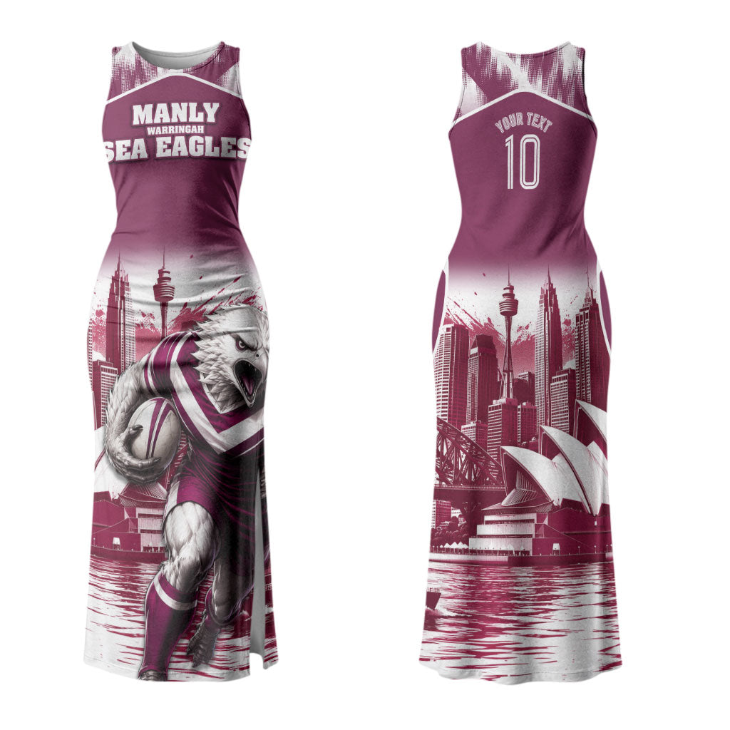 Personalised Sea Eagles Rugby Couples Matching Tank Maxi Dress and Long Sleeve Button Shirt Eagle Mascot Sydney Skyline 3D Graphic